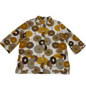 Vintage Style Floral Ribbed Button Up Shirt Brown Yellow Floral Dandelion